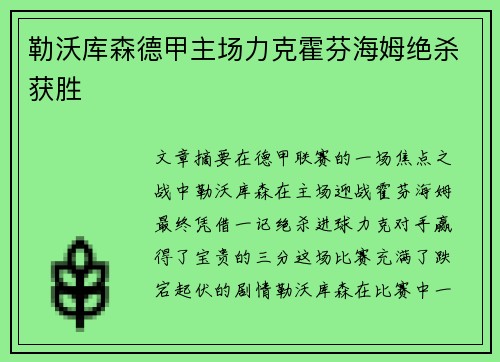勒沃库森德甲主场力克霍芬海姆绝杀获胜