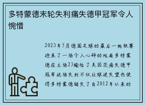 多特蒙德末轮失利痛失德甲冠军令人惋惜